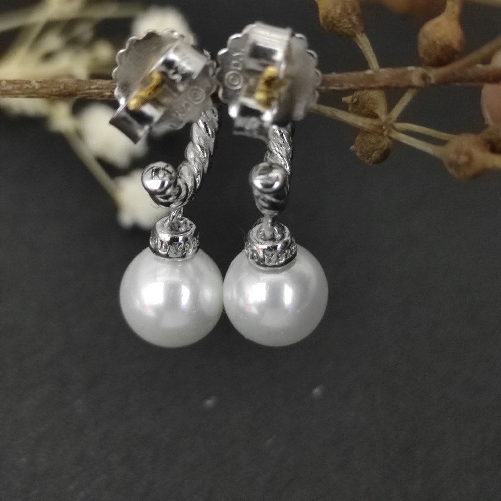 David Yurman Silver-Tone Pearl Drop Earrings with Twisted Hoops